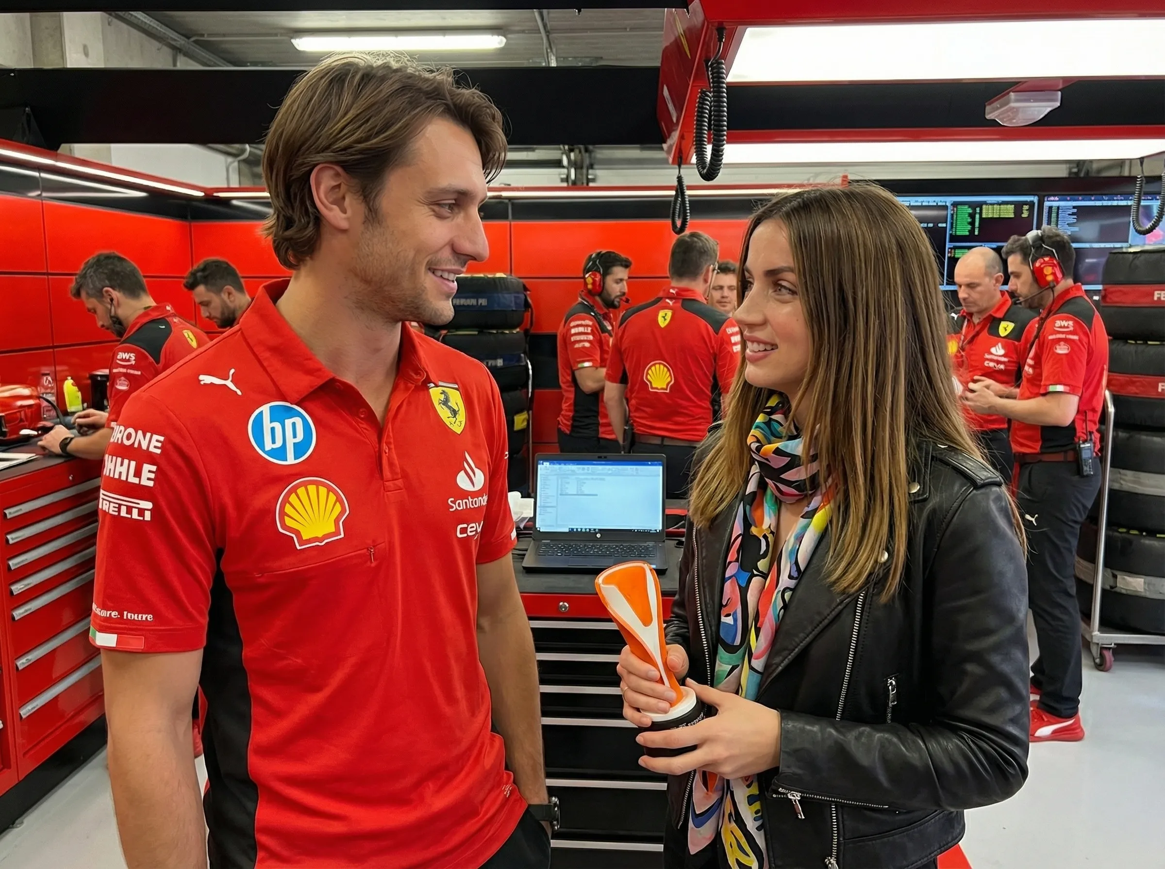Alexander shows actress Ana de Armas around in the paddock in Monza