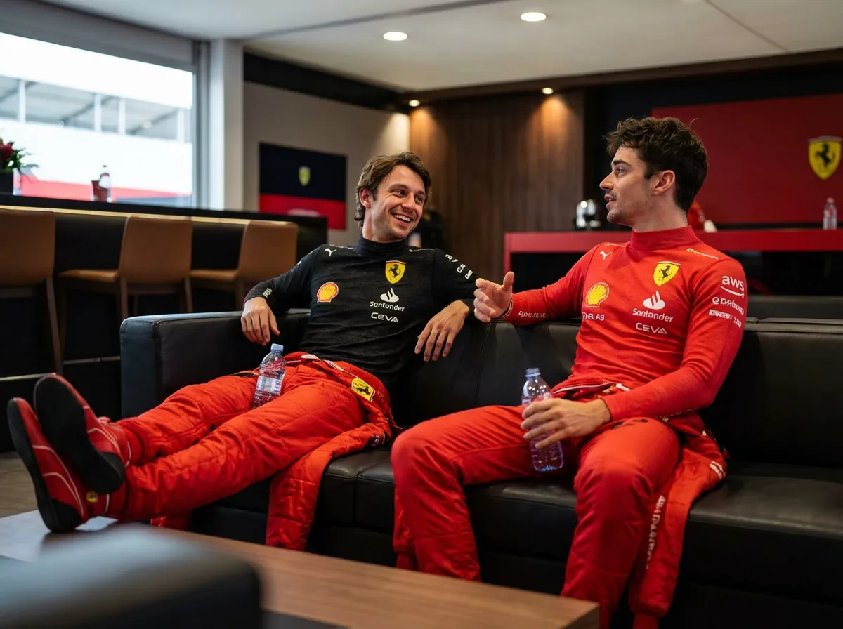 Brothers in red. Alexander and Charles Leclerc unwinding between sessions in the Ferrari hospitality suite.