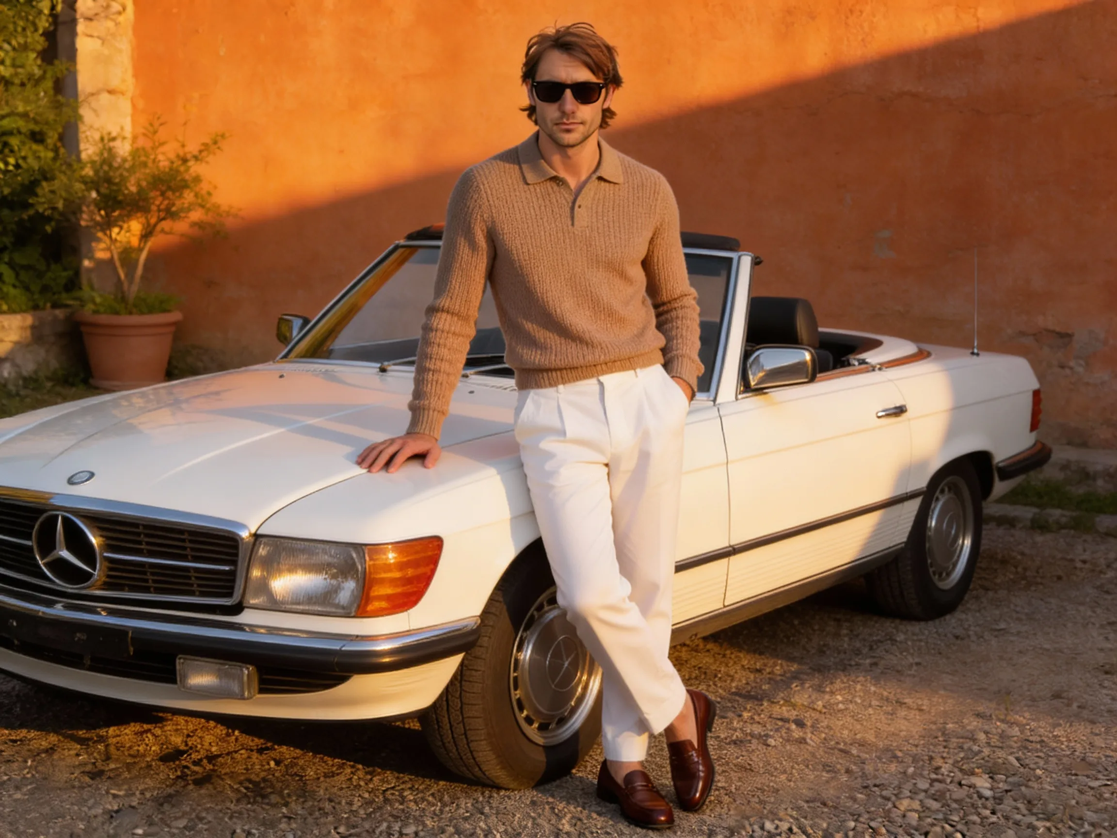 Alexander posing with a classic Mercedes at the Miami paddock