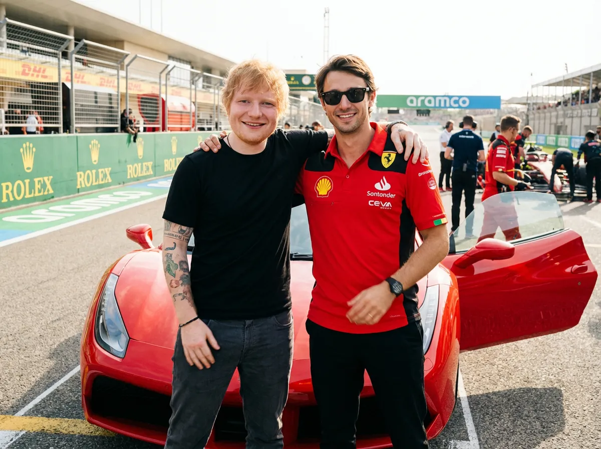 Singer Ed Sheeran obviously happy to still be in one piece after his hot lap experience with Alexander